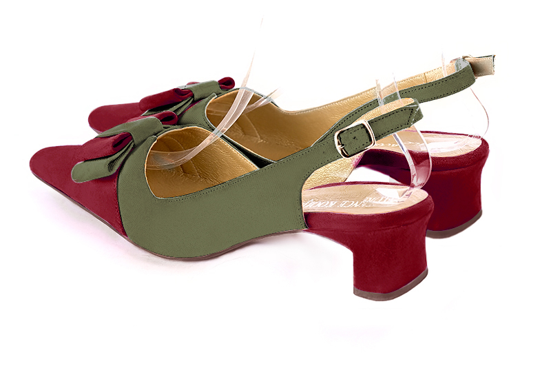 Burgundy red and khaki green women's open back shoes, with a knot. Tapered toe. Low kitten heels. Rear view - Florence KOOIJMAN